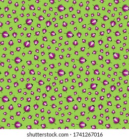 Helle, lebende Beeren mit dicken, nahtlosen Punkten für Stoff, Scrapbooking, Wallpapergiftwrap.Oberflächenmuster-Design.Rosa violett-beigefarbene schwarze Farben auf grünem Hintergrund