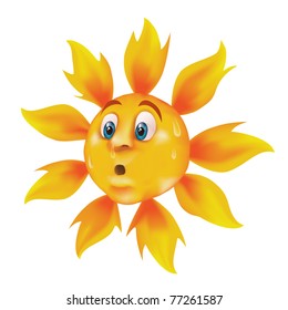 Bright, vivid cartoon sun sweating and feeling very warm.
