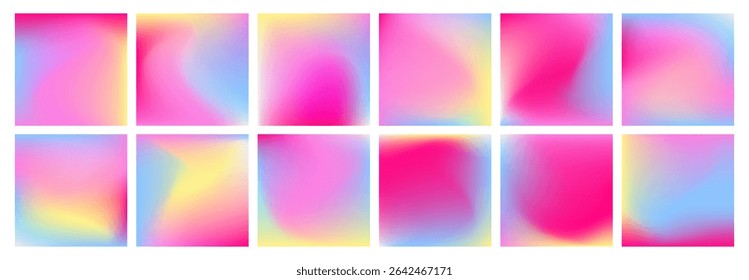Bright vivid color square gradient set. Pink iridescent glowing square backgrounds. Vector kids aesthetic backdrop in soft light magenta violet pastel colors. Summer party social media post templates