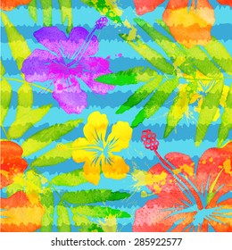 Bright vivid colors watercolor tropical flowers vector seamless pattern with grunge stripes