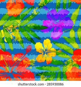 Bright vivid colors watercolor tropical flowers vector seamless pattern with grunge stripes