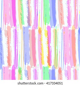 Bright  vivid hand drawn seamless pattern with  vertical stripes. Fantasy multicolored background.Vector illustration. Simple colorful design.  Green, blue,pink, yellow, white and orange colors.