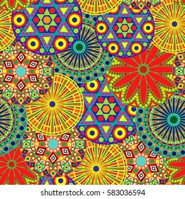 Bright vivid seamless floral pattern with various motley colourful geometric flowers, vector illustration as a paper wrapper