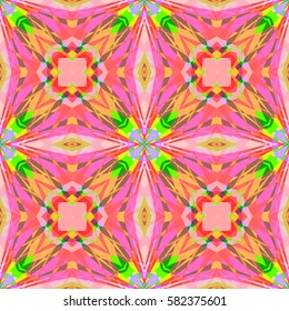 Bright  vivid  seamless pattern with abstract shapes.  Fantasy multicolored background. Vector illustration. Simple colorful design.  Green, blue,pink, yellow, white and orange colors.