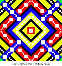 A bright and vivid seamless pattern composed of yellow, blue, red, and black diamond motifs arranged in a symmetrical pixelated layout.