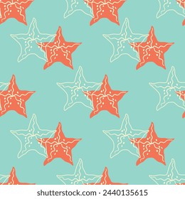 bright vivid summer seamless pattern with starfish and outline vector illustration