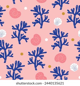 bright vivid summer seamless pattern with deep blue corals and pink and white seashells vector illustration