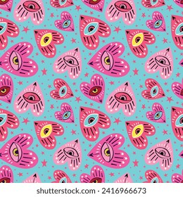 Bright vivid Valentines Day seamless pattern with magical hearts.. Valentine characters background