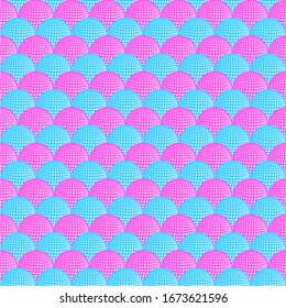 Bright volor seamless pattern with abstract round 3d white sphere consisting of dots in form of halftone. Scientific and technical frame illustration. Vector illustration.