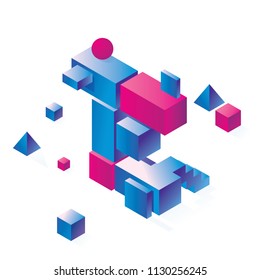 Bright vowel letter E concept in isometry style. Bright blocks drawn with gradient, good for decoration and creative lettering