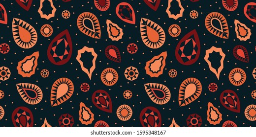 Bright warm colored gemstones on dark background, seamless repeat pattern. Clean graphic style. Great for wallpapers, gift wrapping paper, textile design and other uses.