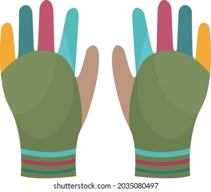 Bright warm multicolored gloves. Gloves to protect your hands in cold weather. Gloves for gardening. A means of protecting hands. Vector illustration isolated on a white background