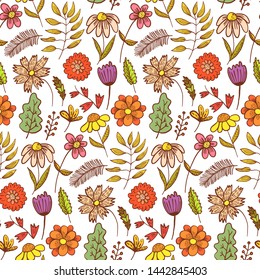 Bright warm red and orange doodle floral seamless pattern with colorful flowers and leaves on white background. Childish naive botanical texture for textile, wrapping paper, surface, wallpaper