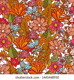 Bright warm red and orange doodle floral seamless pattern with mess of colorful flowers and leaves. Childish naive autumn botanical texture for textile, wrapping paper, surface, wallpaper