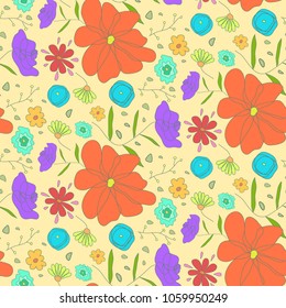 Bright warm seamless pattern with sketch cartoon colorful ditsy flowers. Cute doodle floral texture on yellow background for textile, bedclothing, wrapping paper, wallpaper, cover, underwear