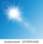 Bright warm sun and glare on clear summer sky, sunshine with sun glare. Vector sunny spring landscape, bright shine flash.