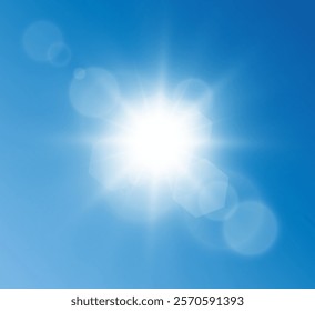 Bright warm sun and glare on clear summer sky, sunshine with sun glare. Vector sunny spring landscape, bright shine flash.