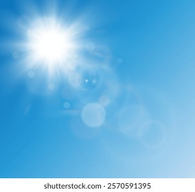 Bright warm sun and glare on clear summer sky, sunshine with sun glare. Vector sunny spring landscape, bright shine flash.