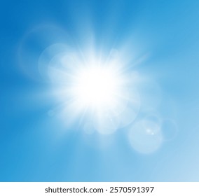 Bright warm sun and glare on clear summer sky, sunshine with sun glare. Vector sunny spring landscape, bright shine flash.