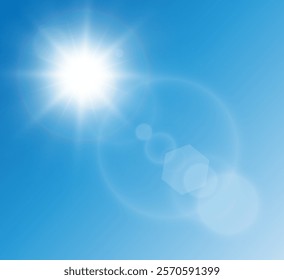 Bright warm sun and glare on clear summer sky, sunshine with sun glare. Vector sunny spring landscape, bright shine flash.