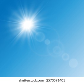 Bright warm sun and glare on clear summer sky, sunshine with sun glare. Vector sunny spring landscape, bright shine flash.