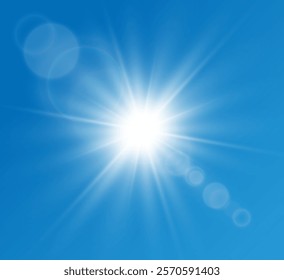 Bright warm sun and glare on clear summer sky, sunshine with sun glare. Vector sunny spring landscape, bright shine flash.