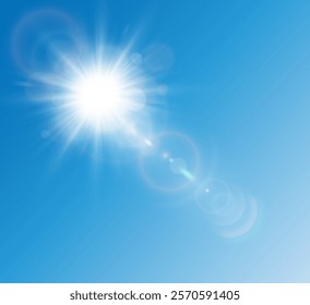 Bright warm sun and glare on clear summer sky, sunshine with sun glare. Vector sunny spring landscape, bright shine flash.