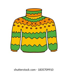 Bright warm sweater with a pattern. Autumn and winter clothing. Vector illustration in Doodle style on a white isolated background.