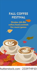 Bright, warm vector illustration. Two cups of cappuccino on a background of autumn leaves. Format 16:9. Autumn coffee festival.