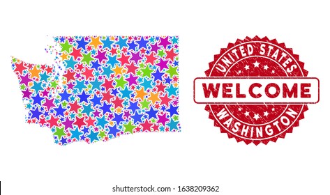 Bright Washington State map collage of stars, and distress rounded red WELCOME stamp. Abstract territorial plan in bright color tints. Vector Washington State map is formed of bright stars.