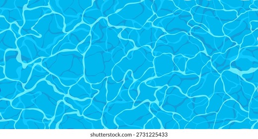 Bright water surface with sun glare. Horizontal banner with summer background of blue water. Top view of clear water.