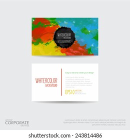 Bright watercolor background. Business card template for your design. Watercolor stains. Vector illustration with plenty space for your text.