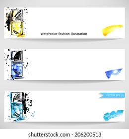 Bright watercolor background with nail polish. Fashion illustration. Vector.