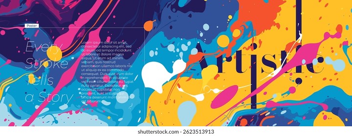 Bright watercolor banner with multicolor paint splashes, grunge ink stains and artistic brush strokes. Abstract horizontal background for modern flyer, poster, card or creative design layout.