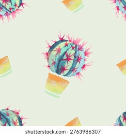 Bright watercolor cactus pattern with pastel succulents and handpainted spines, seamless repeat background ideal for textile, stationery, web, packaging and home decor applications