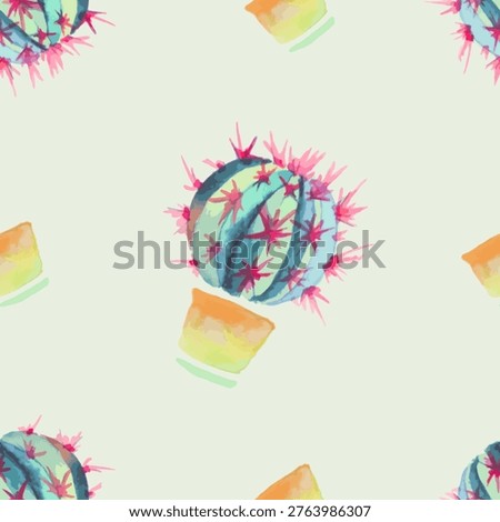 Bright watercolor cactus pattern with pastel succulents and handpainted spines, seamless repeat background ideal for textile, stationery, web, packaging and home decor applications