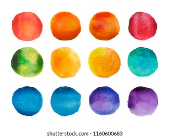Bright watercolor circles set. Rainbow watercolour stains collection. Vector illustration.
