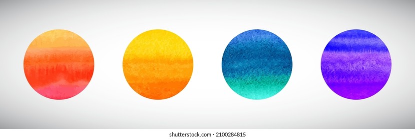 Conjunto de vectores de círculos de acuarela brillante. Colección de formas redondeadas y coloridas. Manchas de color rojo, amarillo, morado, manchas redondeadas dibujadas a mano. Elementos de diseño gráfico pintados. Marcos de texto, fondos.