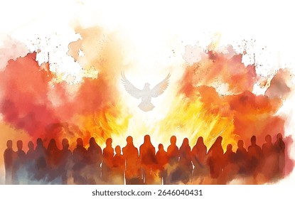 A bright watercolor depiction captures the Holy Spirit as a dove above radiant flames, surrounded by the silhouettes of a diverse group in a moment of collective reverence, reflecting unity and faith