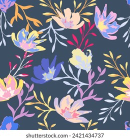 Bright watercolor feminine seamless pattern. Abstract big flowers