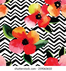 bright watercolor flowers and leaves pattern, black and white zigzag seamless background