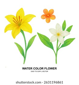 Bright watercolor flowers and leaves in soft pastel tones. Perfect for spring-themed designs, wedding invites, or elegant floral decor and patterns.
