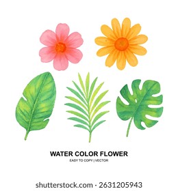 Bright watercolor flowers and leaves in soft pastel tones. Perfect for spring-themed designs, wedding invites, or elegant floral decor and patterns