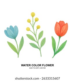 Bright watercolor flowers and leaves in soft pastel tones. Perfect for spring-themed designs, wedding invites, or elegant floral decor and patterns