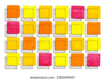 
Helles geometrisches Muster der Aquarellfarben, das mit Farbe und Liner entlang der Kontur gezeichnet wird. Karriertes Muster, Quadrate mit Tinte auf weißem Hintergrund. Vektorgrafik.