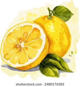 Bright watercolor illustration of fresh lemons, featuring a whole lemon and a juicy lemon slice. Ideal for kitchen, citrus, and summer themed designs