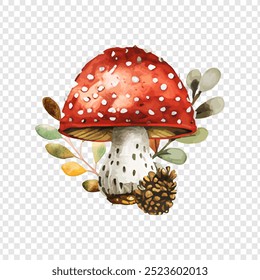 Ilustração brilhante em aquarela de cogumelo mosca agárica isolada em fundo transparente