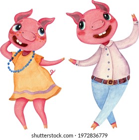 Bright watercolor illustration with piggy boy and girl who dance and smile