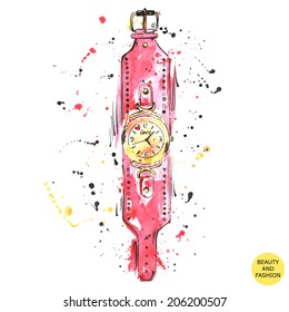 Bright watercolor illustration watches. Fashion illustration. Vector.