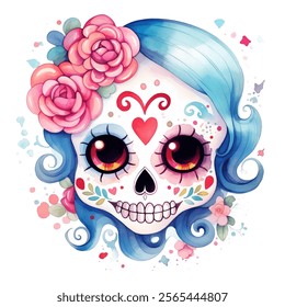 Bright watercolor of joyful sugar skull, a symbolic element of Mexican Dia de los Muertos celebrations. Delicate floral arrangements to the swirling patterns vector design